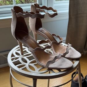 J. Crew Scalloped Strap High Heels in Taupe Suede